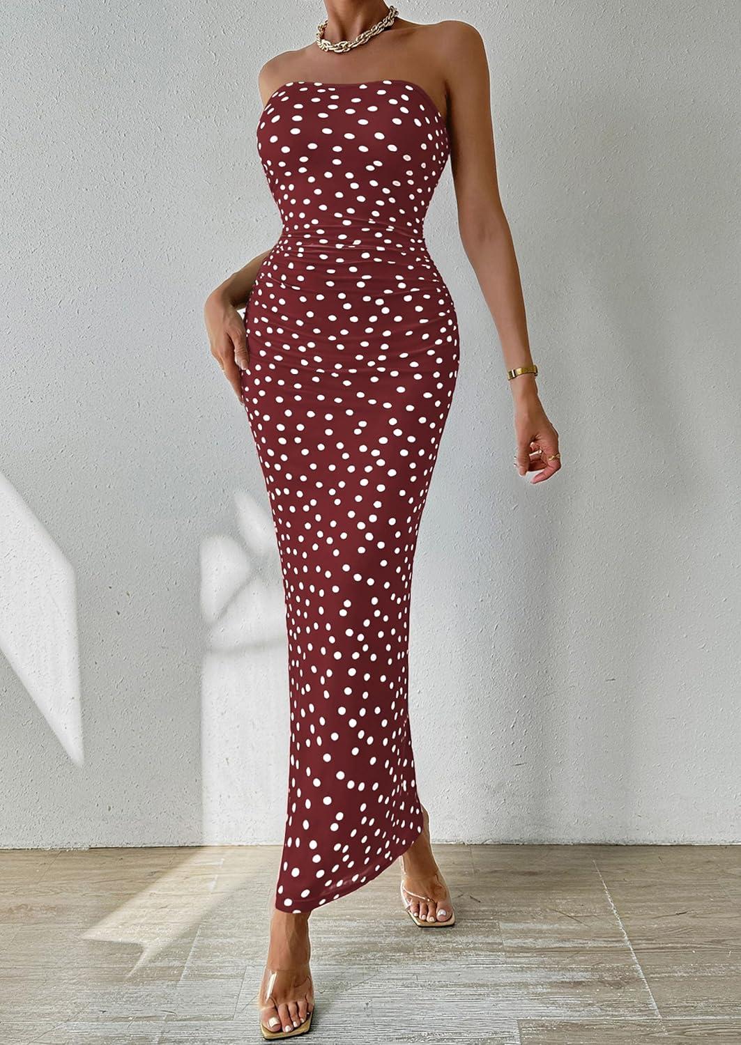 imagePRETTYGARDEN Womens Summer Wedding Guest Dress Strapless Tube Top Maxi Bodycon Long Floral Mesh Beach Vacation Party Dresses01 Dot Burgundy White