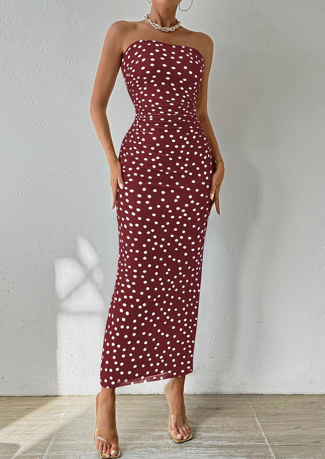 imagePRETTYGARDEN Womens Summer Wedding Guest Dress Strapless Tube Top Maxi Bodycon Long Floral Mesh Beach Vacation Party Dresses01 Dot Burgundy White