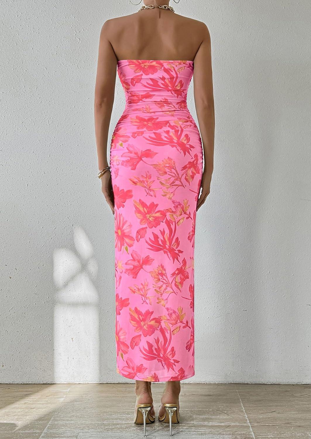 imagePRETTYGARDEN Womens Summer Wedding Guest Dress Strapless Tube Top Maxi Bodycon Long Floral Mesh Beach Vacation Party DressesPink Orange Floral