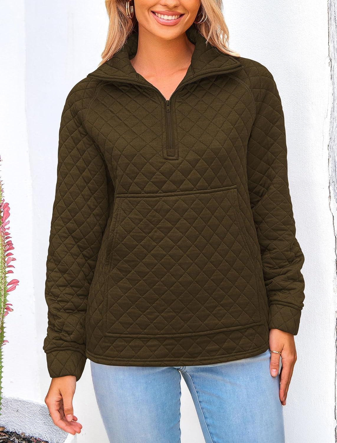imagePRETTYGARDEN Womens Winter Quilted Sweatshirt Casual Quarter Zip Collared Long Sleeve V Neck Pullover Tops