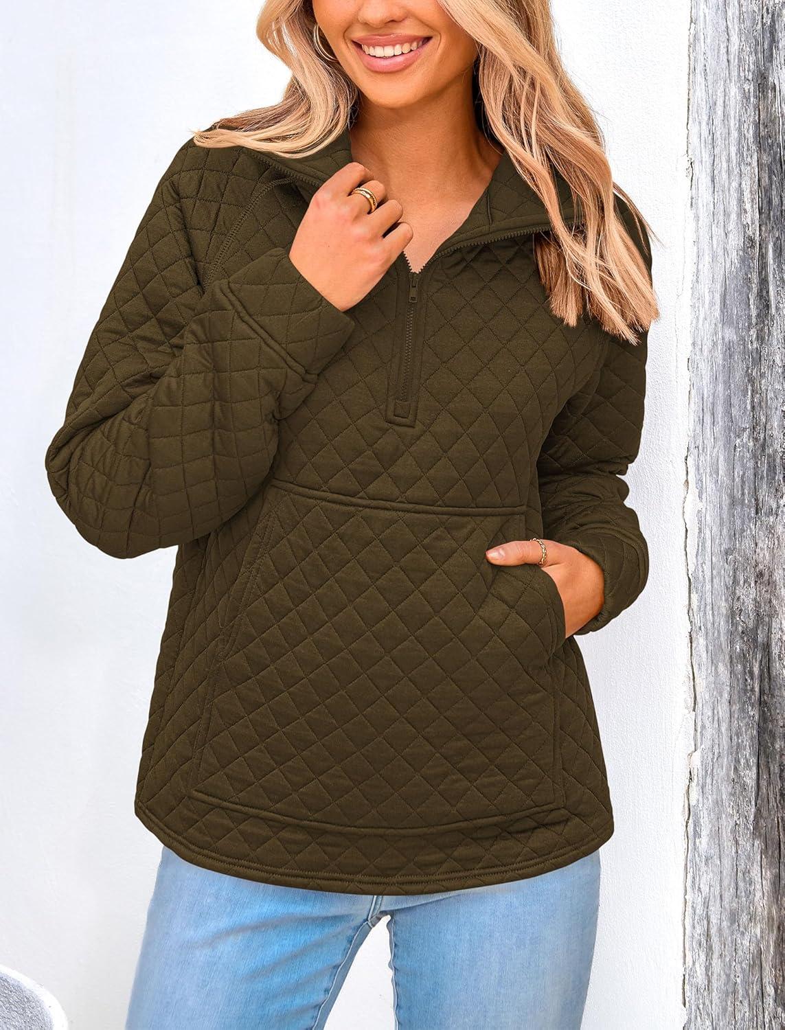 imagePRETTYGARDEN Womens Winter Quilted Sweatshirt Casual Quarter Zip Collared Long Sleeve V Neck Pullover Tops