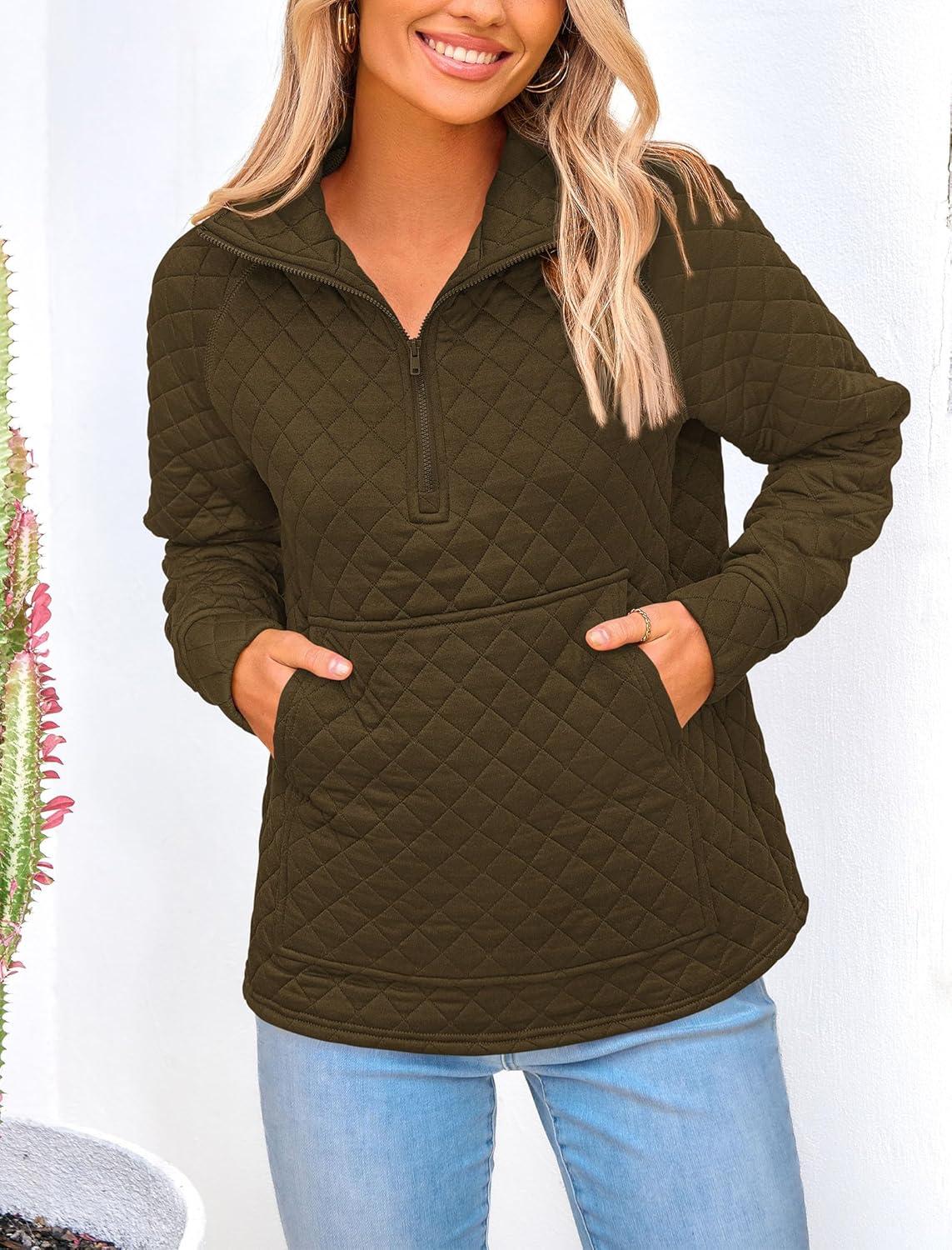imagePRETTYGARDEN Womens Winter Quilted Sweatshirt Casual Quarter Zip Collared Long Sleeve V Neck Pullover Tops