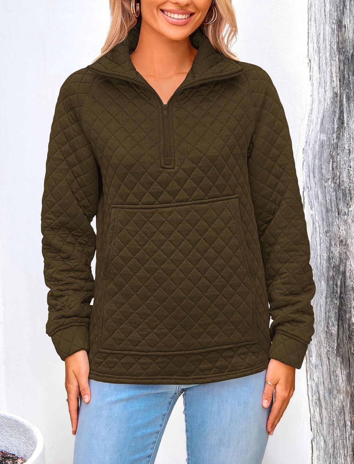imagePRETTYGARDEN Womens Winter Quilted Sweatshirt Casual Quarter Zip Collared Long Sleeve V Neck Pullover Tops