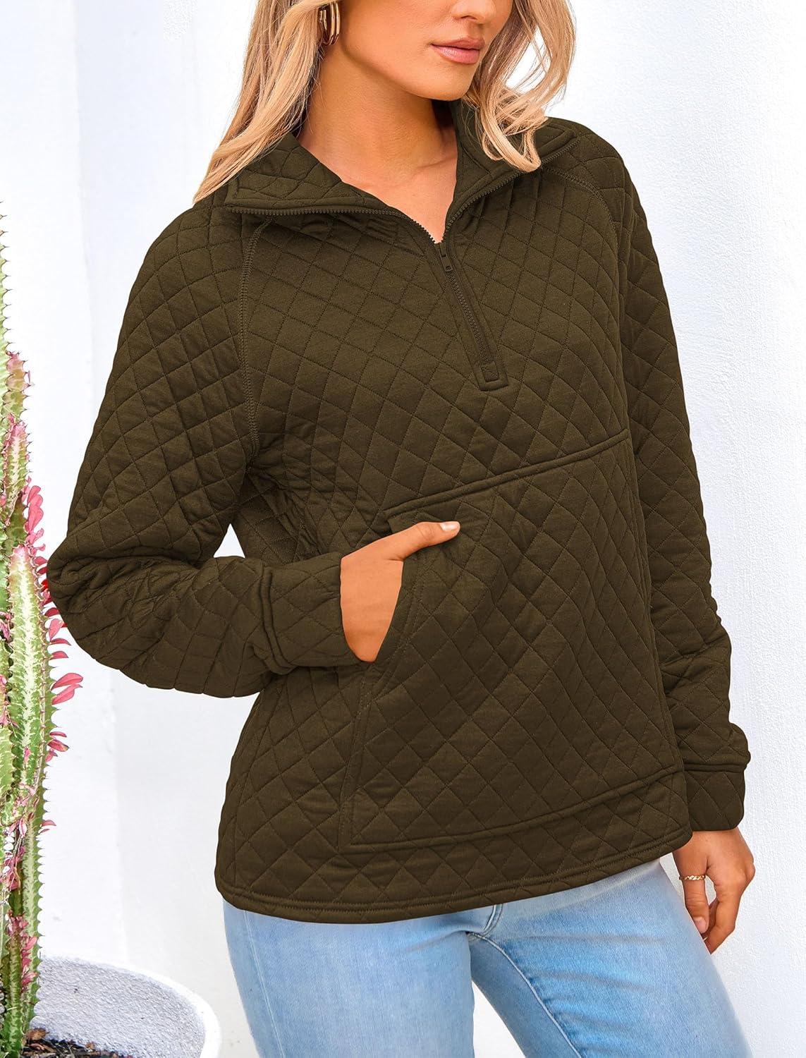 imagePRETTYGARDEN Womens Winter Quilted Sweatshirt Casual Quarter Zip Collared Long Sleeve V Neck Pullover Tops