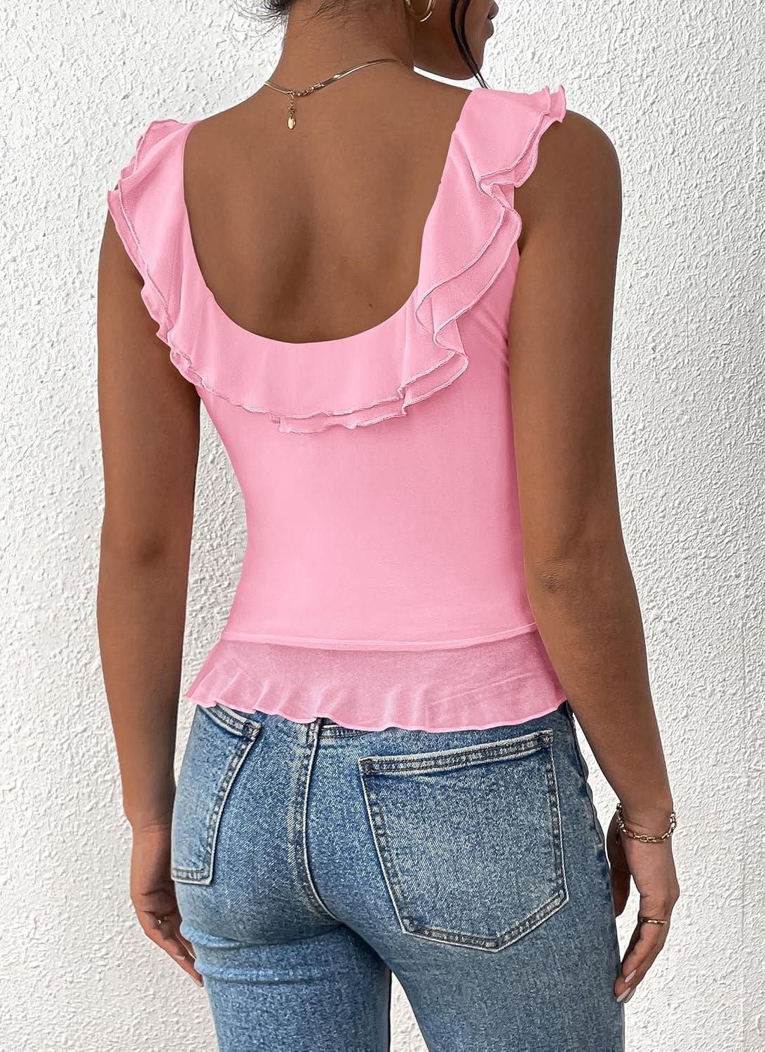 imagePRETTYGARDEN Womens Y2K Going Out Crop Top Summer Sleeveless Asymmetrical Mesh Tank Top Fitted Party Tops