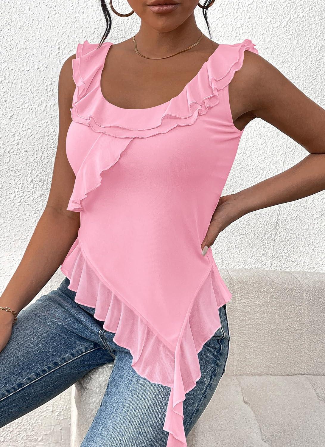 imagePRETTYGARDEN Womens Y2K Going Out Crop Top Summer Sleeveless Asymmetrical Mesh Tank Top Fitted Party Tops