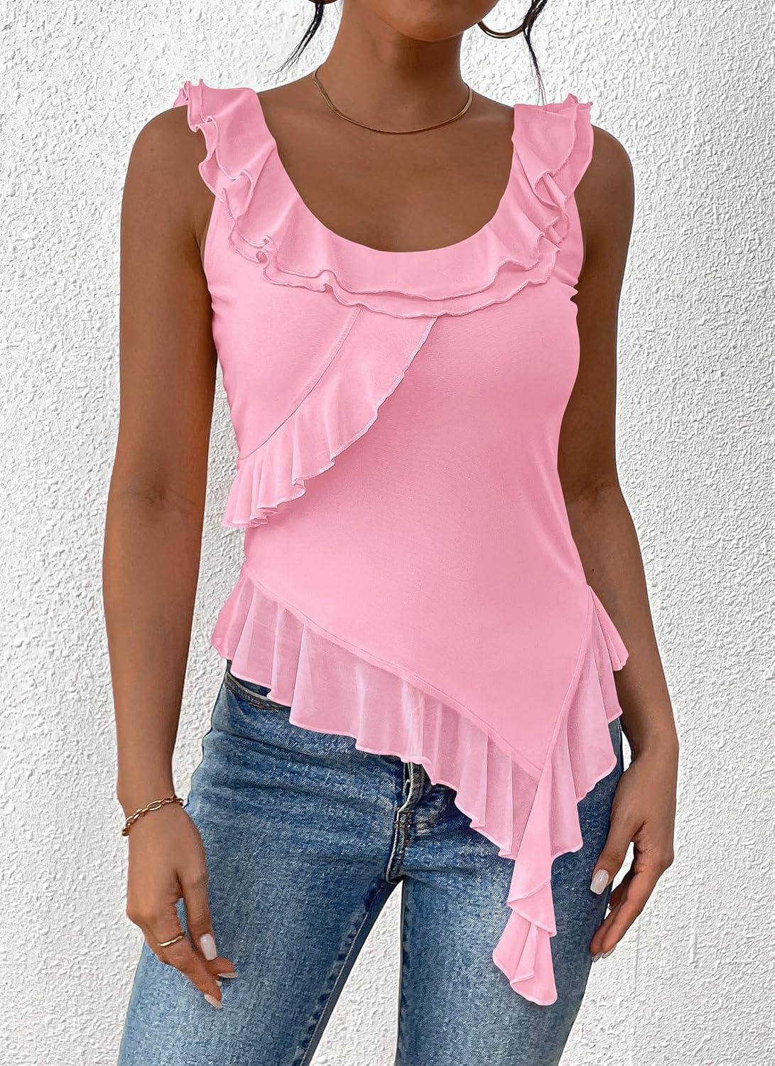 imagePRETTYGARDEN Womens Y2K Going Out Crop Top Summer Sleeveless Asymmetrical Mesh Tank Top Fitted Party Tops