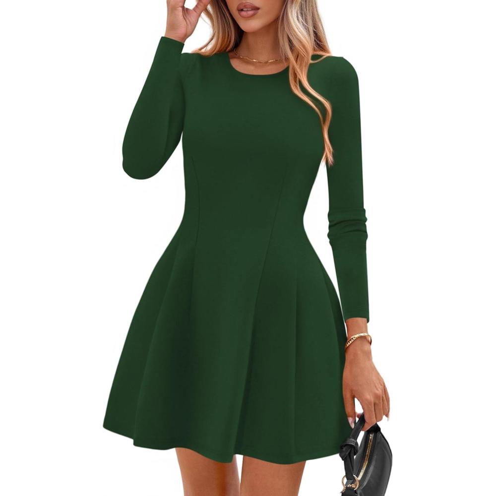 imagePRETTYGARDEN Long Sleeve Mini Dress for Women 2026 Spring Crewneck Knit Pleated Babydoll A Line Casual Short Party DressesGreen