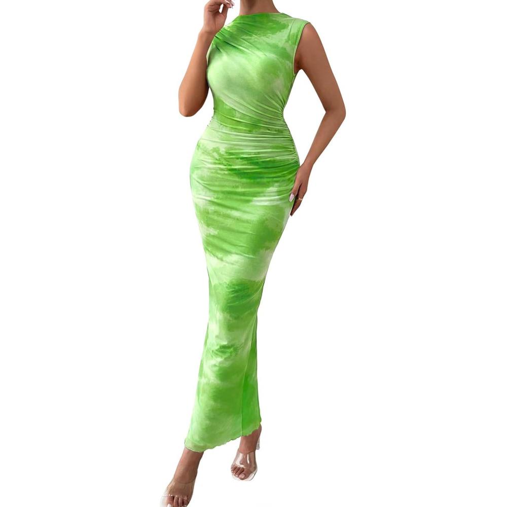imagePRETTYGARDEN Summer Dresses for Women 2026 Sleeveless Bodycon Maxi Spring Mock Neck Tie Dye Mesh Cocktail Going Out DressGreen Floral
