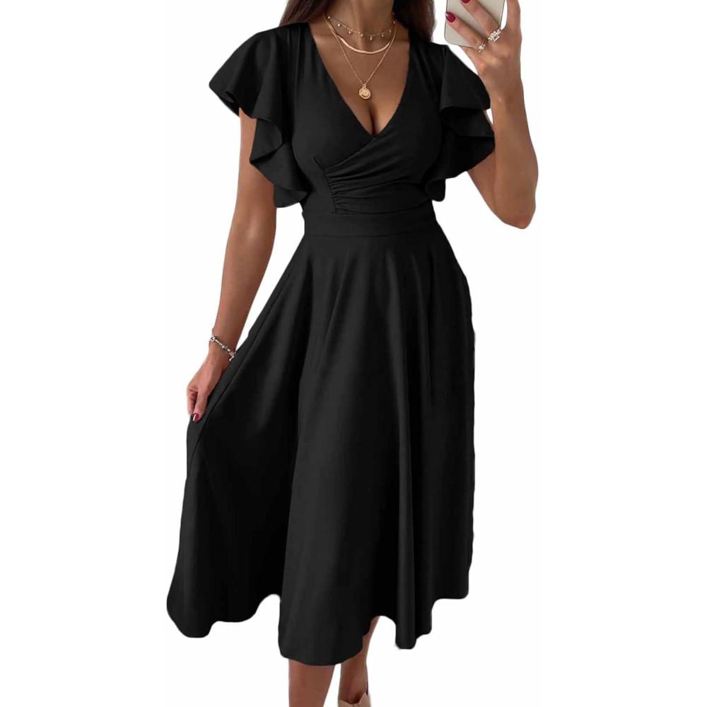 imagePRETTYGARDEN Summer Midi Dress 2026 Spring Ruffle Sleeve V Neck Cocktail Wedding Guest A Line Fit and Flared DressesBlack