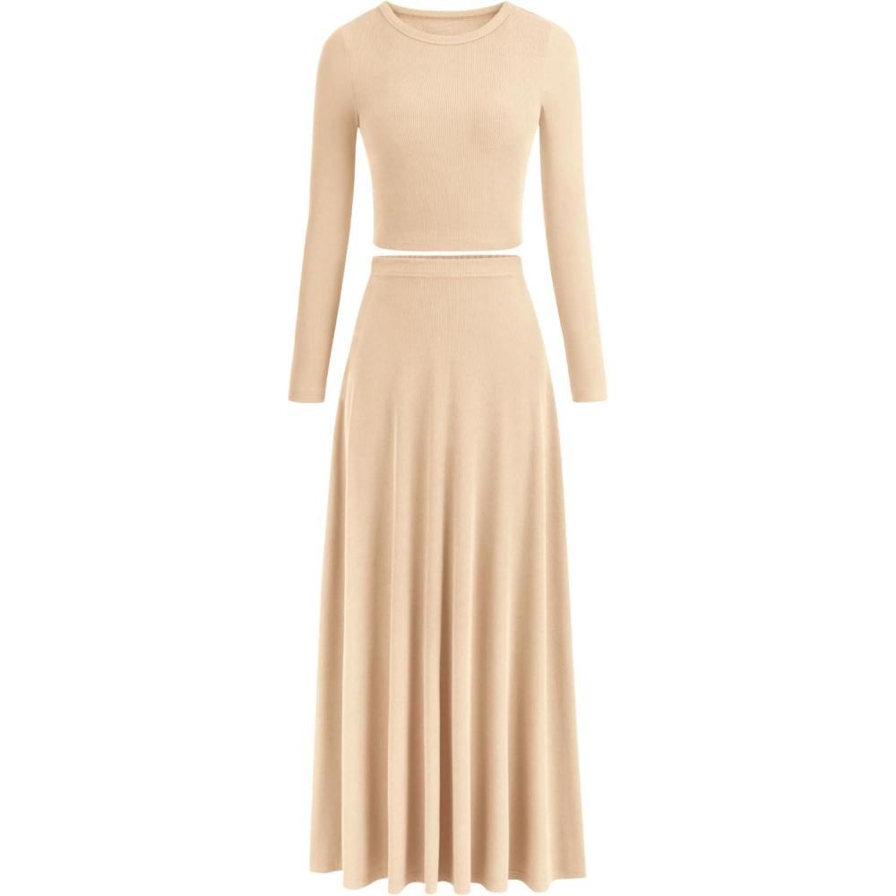 imagePRETTYGARDEN Women Fall Spring 2 Piece Outfits Dressy Casual Ribbed Knit Long Sleeve Crop Top Maxi Flowy Skirts Matching SetsBeige
