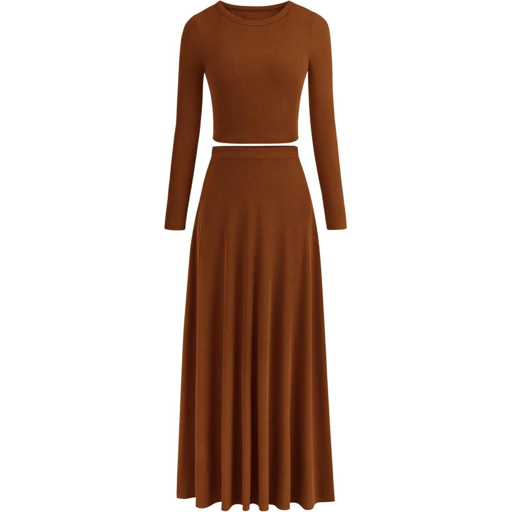 imagePRETTYGARDEN Women Fall Spring 2 Piece Outfits Dressy Casual Ribbed Knit Long Sleeve Crop Top Maxi Flowy Skirts Matching SetsBrown
