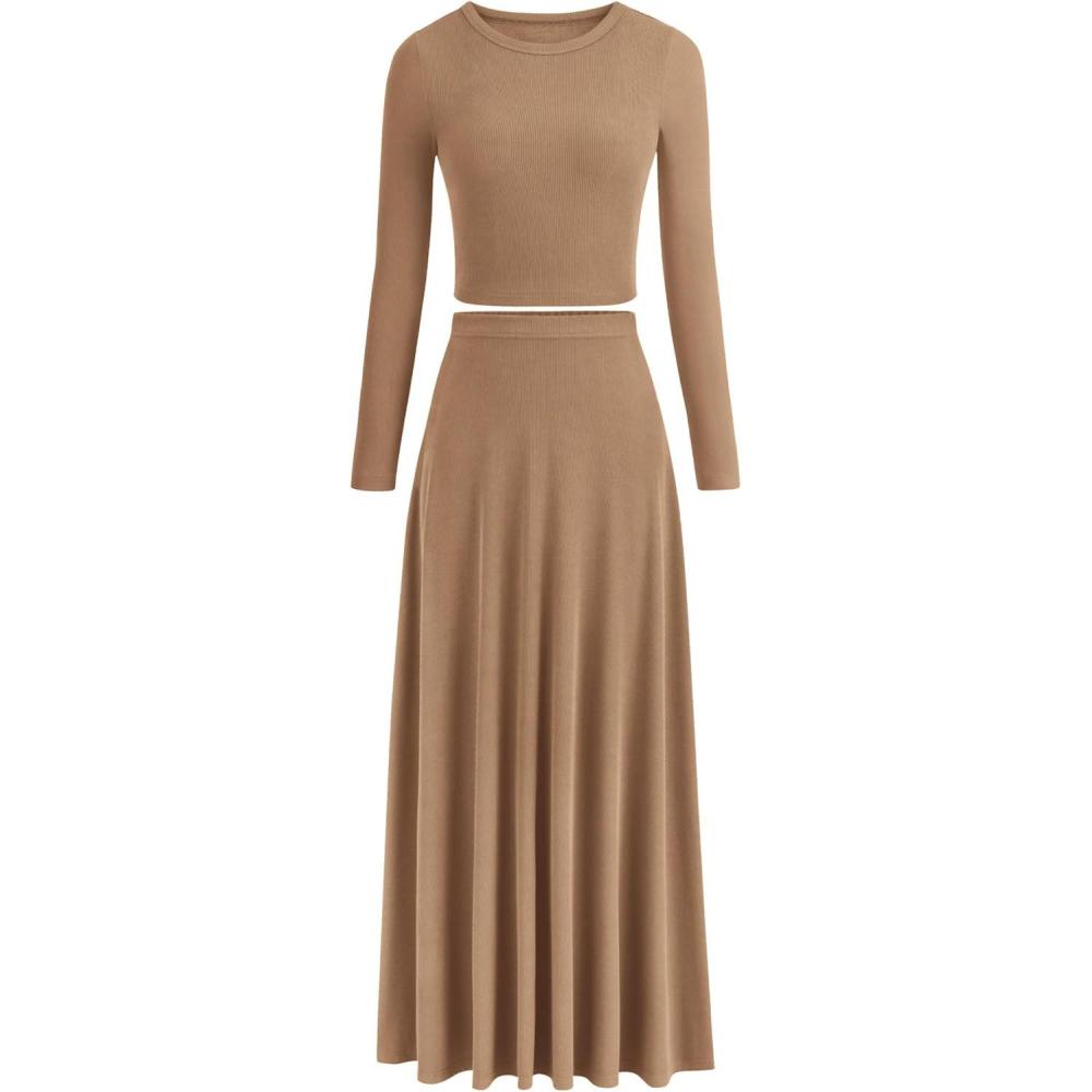 imagePRETTYGARDEN Women Fall Spring 2 Piece Outfits Dressy Casual Ribbed Knit Long Sleeve Crop Top Maxi Flowy Skirts Matching SetsCamel