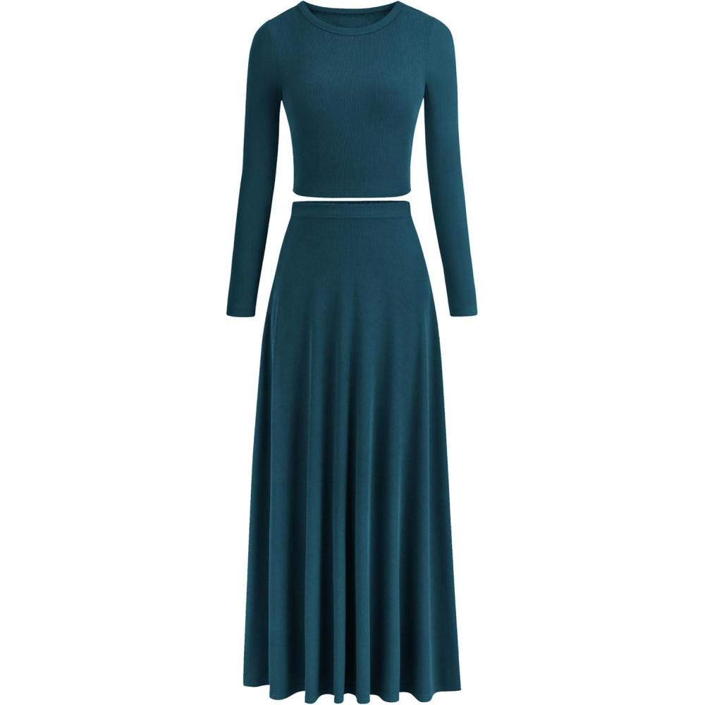 imagePRETTYGARDEN Women Fall Spring 2 Piece Outfits Dressy Casual Ribbed Knit Long Sleeve Crop Top Maxi Flowy Skirts Matching SetsLake Blue