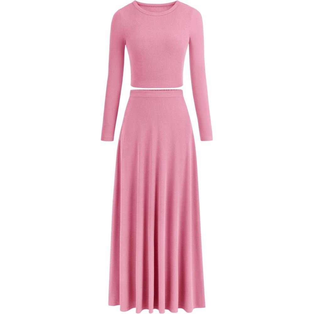 imagePRETTYGARDEN Women Fall Spring 2 Piece Outfits Dressy Casual Ribbed Knit Long Sleeve Crop Top Maxi Flowy Skirts Matching SetsPink