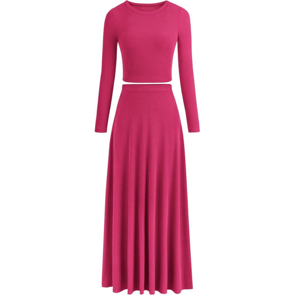 imagePRETTYGARDEN Women Fall Spring 2 Piece Outfits Dressy Casual Ribbed Knit Long Sleeve Crop Top Maxi Flowy Skirts Matching SetsRose Red