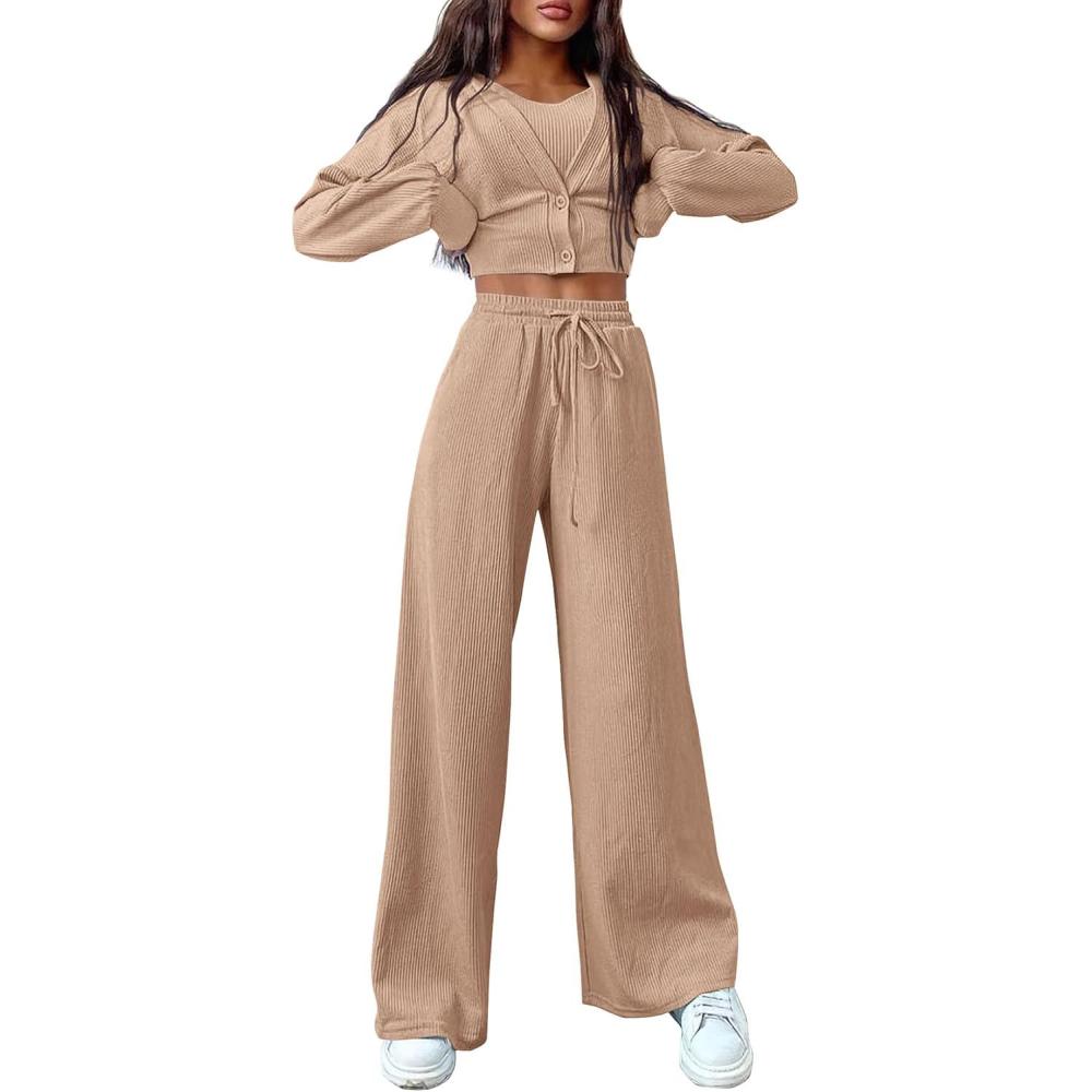 imagePRETTYGARDEN Womens 2024 Fall Track Suits 3 Piece Outfits Matching Sets Ribbed Knit Cardigan Cropped Tank Tops Wide Leg Pants