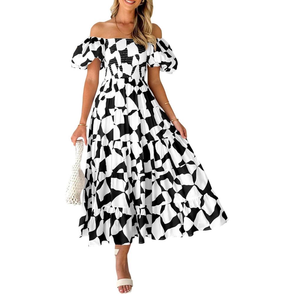 imagePRETTYGARDEN Womens 2025 Summer Boho Midi Dress Off Shoulder Puff Sleeve Print Smocked Ruffle Beach Long Flowy DressesBlack
