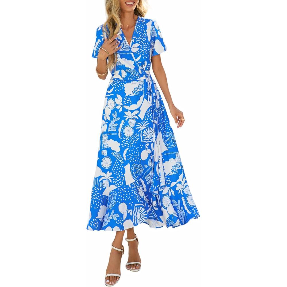 imagePRETTYGARDEN Womens Boho Floral Maxi Dress Summer Short Sleeve Wrap V Neck Long Flowy Beach Vacation Wedding Guest DressesBlue White Flower