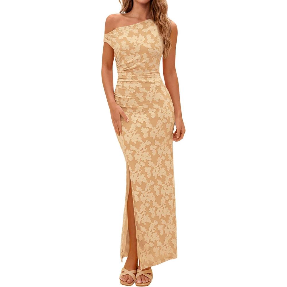 imagePRETTYGARDEN Womens Floral One Shoulder Maxi Dress 2026 Summer Spring Bodycon Ruched Side Slit Elegant Cocktail Party DressesKhaki