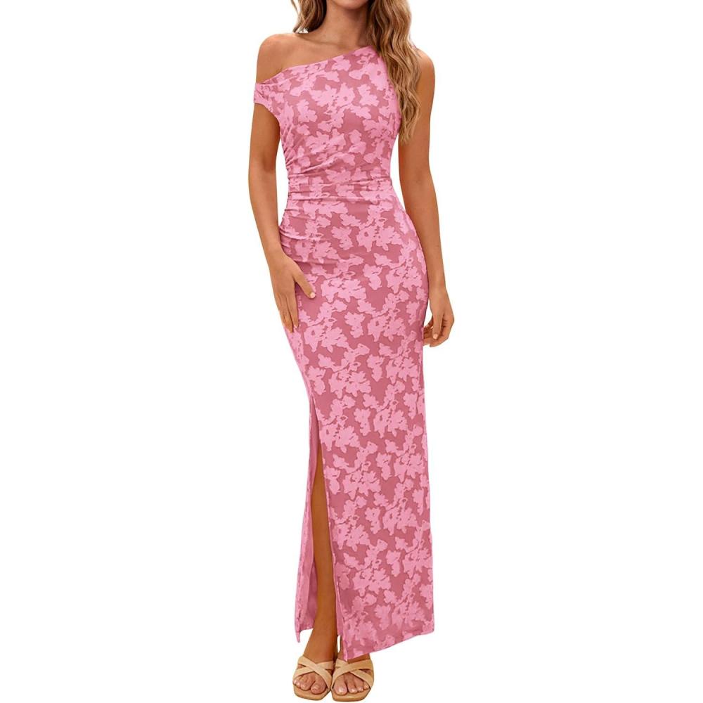 imagePRETTYGARDEN Womens Floral One Shoulder Maxi Dress 2026 Summer Spring Bodycon Ruched Side Slit Elegant Cocktail Party DressesPink