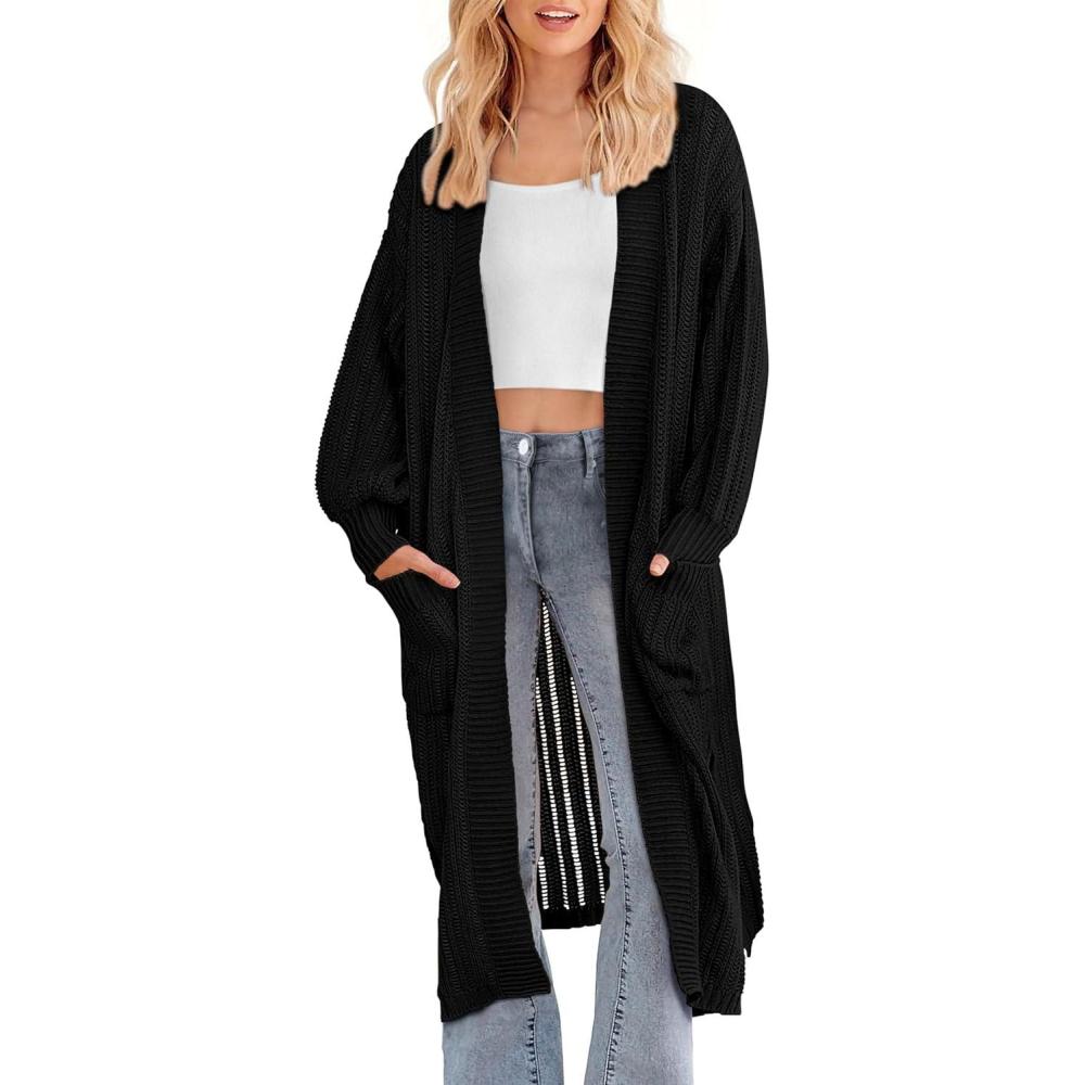imagePRETTYGARDEN Womens Long Cardigan Sweaters Casual Lantern Sleeve Open Front Side Slit Cable Knit Coat Outerwear BlackMedium