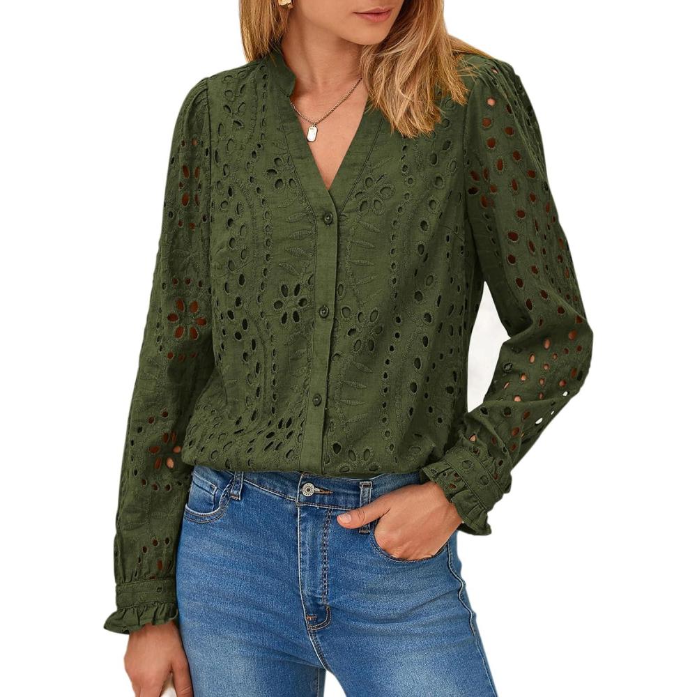 imagePRETTYGARDEN Womens Long Sleeve Tops 2025 Fall Eyelet V Neck Shirts Dressy Casual Lace Button BlousesArmy Green