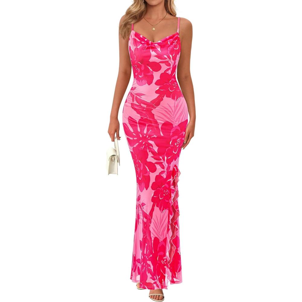 imagePRETTYGARDEN Womens Summer Beach Wedding Guest Dress Bodycon Floral Maxi Dresses 2026 Spring Tropical Vacation SundressesPink Rose Red Floral