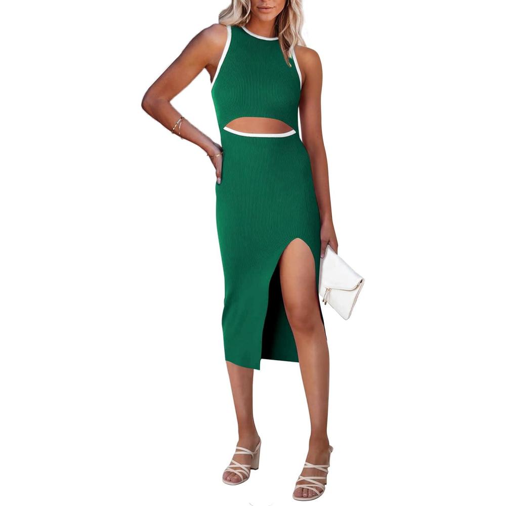 imagePRETTYGARDEN Womens Summer Midi Bodycon Dresses Casual Crew Neck Side Slit Sleeveless Knit Cut Out Tank Top DressZgreen