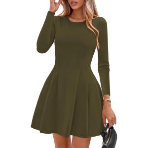 PRETTYGARDEN Long Sleeve Mini Dress for Women 2026 Spring Crewneck Knit Pleated Babydoll A Line Casual Short Party Dresses(Army Green)