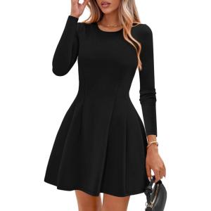 PRETTYGARDEN Long Sleeve Mini Dress for Women 2026 Spring Crewneck Knit Pleated Babydoll A Line Casual Short Party Dresses(Black)