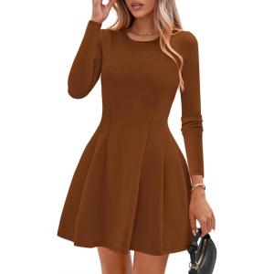 PRETTYGARDEN Long Sleeve Mini Dress for Women 2026 Spring Crewneck Knit Pleated Babydoll A Line Casual Short Party Dresses(Caramel)