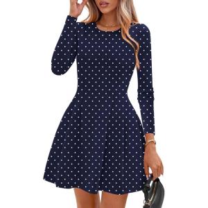 PRETTYGARDEN Long Sleeve Mini Dress for Women 2026 Spring Crewneck Knit Pleated Babydoll A Line Casual Short Party Dresses(Dot Navy White)