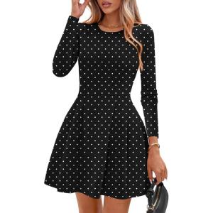 PRETTYGARDEN Long Sleeve Mini Dress for Women 2026 Spring Crewneck Knit Pleated Babydoll A Line Casual Short Party Dresses(Polka Dot Black White)