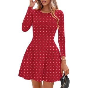 PRETTYGARDEN Long Sleeve Mini Dress for Women 2026 Spring Crewneck Knit Pleated Babydoll A Line Casual Short Party Dresses(Polka Dot Red White)