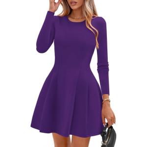 PRETTYGARDEN Long Sleeve Mini Dress for Women 2026 Spring Crewneck Knit Pleated Babydoll A Line Casual Short Party Dresses(Purple)
