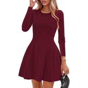 PRETTYGARDEN Long Sleeve Mini Dress for Women 2026 Spring Crewneck Knit Pleated Babydoll A Line Casual Short Party Dresses(Wine Red)