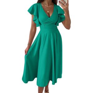 PRETTYGARDEN Summer Midi Dress 2026 Spring Ruffle Sleeve V Neck Cocktail Wedding Guest A Line Fit and Flared Dresses(Bean Green)