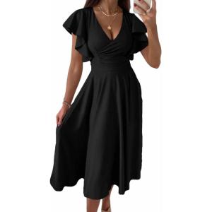 PRETTYGARDEN Summer Midi Dress 2026 Spring Ruffle Sleeve V Neck Cocktail Wedding Guest A Line Fit and Flared Dresses(Black)