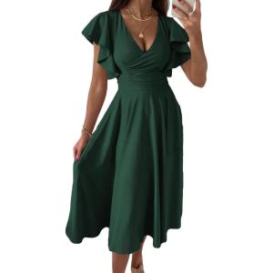 PRETTYGARDEN Summer Midi Dress 2026 Spring Ruffle Sleeve V Neck Cocktail Wedding Guest A Line Fit and Flared Dresses(Dark Green)
