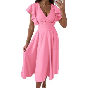 PRETTYGARDEN Summer Midi Dress 2026 Spring Ruffle Sleeve V Neck Cocktail Wedding Guest A Line Fit and Flared Dresses(Pink)