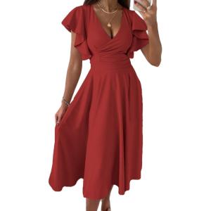 PRETTYGARDEN Summer Midi Dress 2026 Spring Ruffle Sleeve V Neck Cocktail Wedding Guest A Line Fit and Flared Dresses(Red)