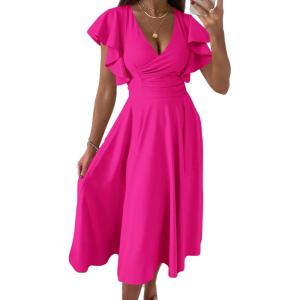 PRETTYGARDEN Summer Midi Dress 2026 Spring Ruffle Sleeve V Neck Cocktail Wedding Guest A Line Fit and Flared Dresses(Rose Red)