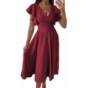 PRETTYGARDEN Summer Midi Dress 2026 Spring Ruffle Sleeve V Neck Cocktail Wedding Guest A Line Fit and Flared Dresses(Wine Red)