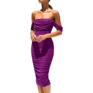 PRETTYGARDEN Summer Off The Shoulder Ruched Bodycon Dresses Sleeveless Sexy Party Club Midi Dress(Dark Purple)