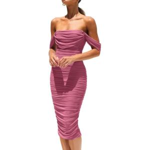 PRETTYGARDEN Summer Off The Shoulder Ruched Bodycon Dresses Sleeveless Sexy Party Club Midi Dress(Dusty Pink)