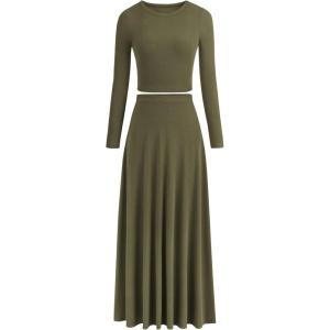 PRETTYGARDEN Women Fall Spring 2 Piece Outfits Dressy Casual Ribbed Knit Long Sleeve Crop Top Maxi Flowy Skirts Matching Sets(Army Green)