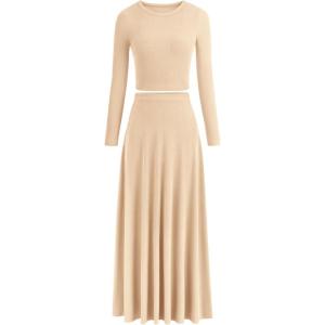 PRETTYGARDEN Women Fall Spring 2 Piece Outfits Dressy Casual Ribbed Knit Long Sleeve Crop Top Maxi Flowy Skirts Matching Sets(Beige)