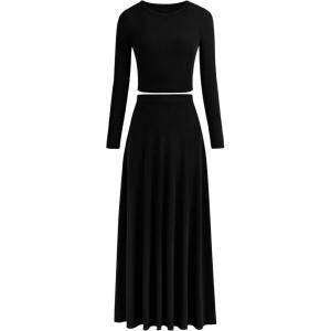 PRETTYGARDEN Women Fall Spring 2 Piece Outfits Dressy Casual Ribbed Knit Long Sleeve Crop Top Maxi Flowy Skirts Matching Sets(Black)
