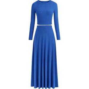 PRETTYGARDEN Women Fall Spring 2 Piece Outfits Dressy Casual Ribbed Knit Long Sleeve Crop Top Maxi Flowy Skirts Matching Sets(Blue)